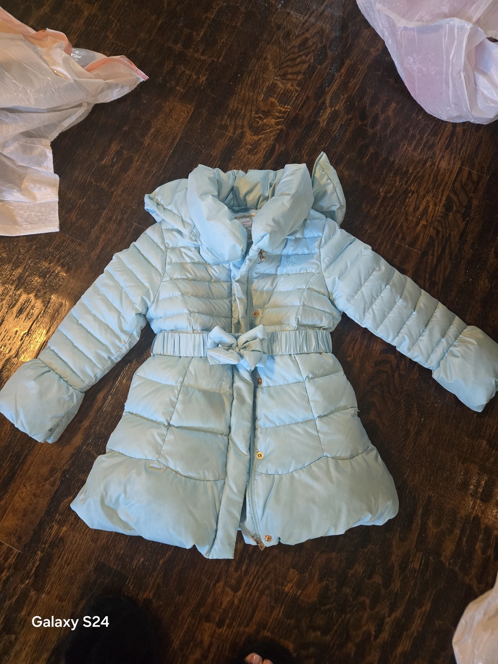 Girls' Light Blue Quilted Puffer Down Coat with Waist Tie